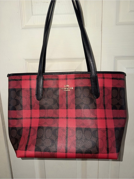 Coach Handbags - Coach Red and Brown Plaid Signature Tote Bag